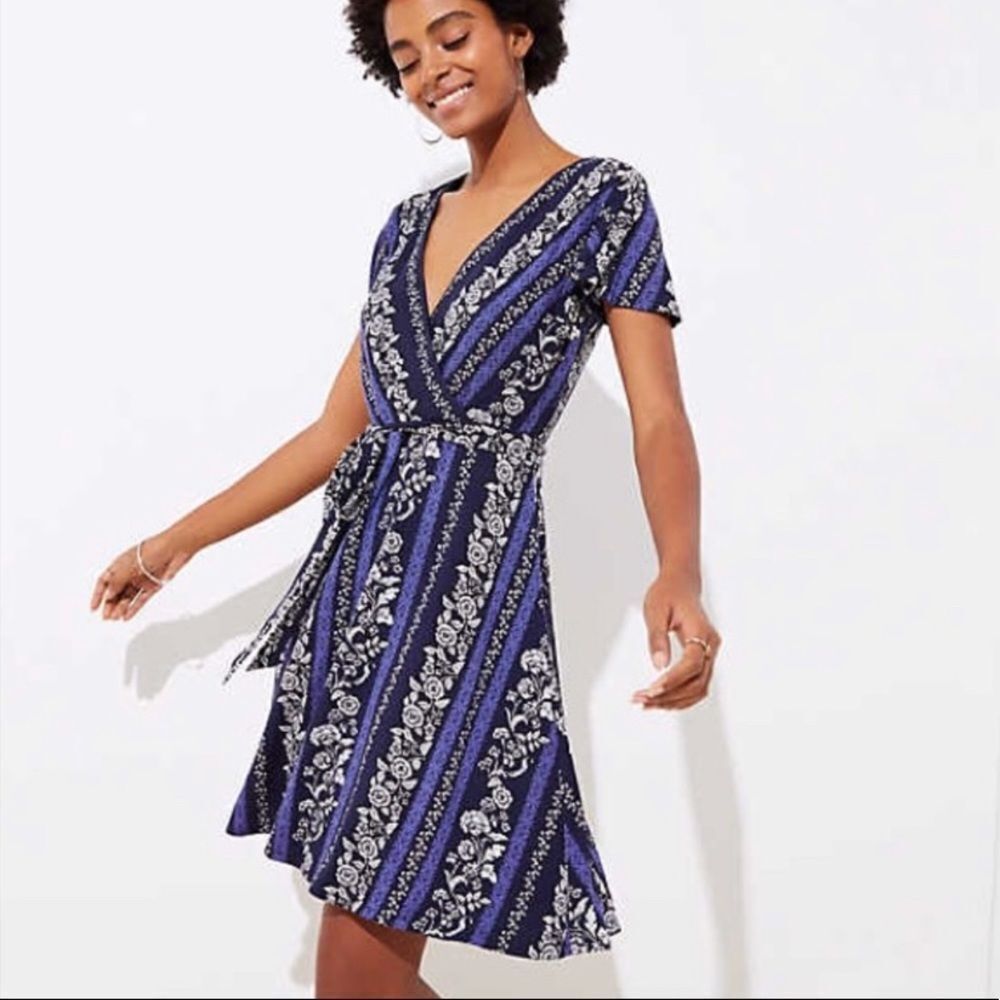 Ann Taylor LOFT Flowering Vine Blue Floral Faux Wrap Dress